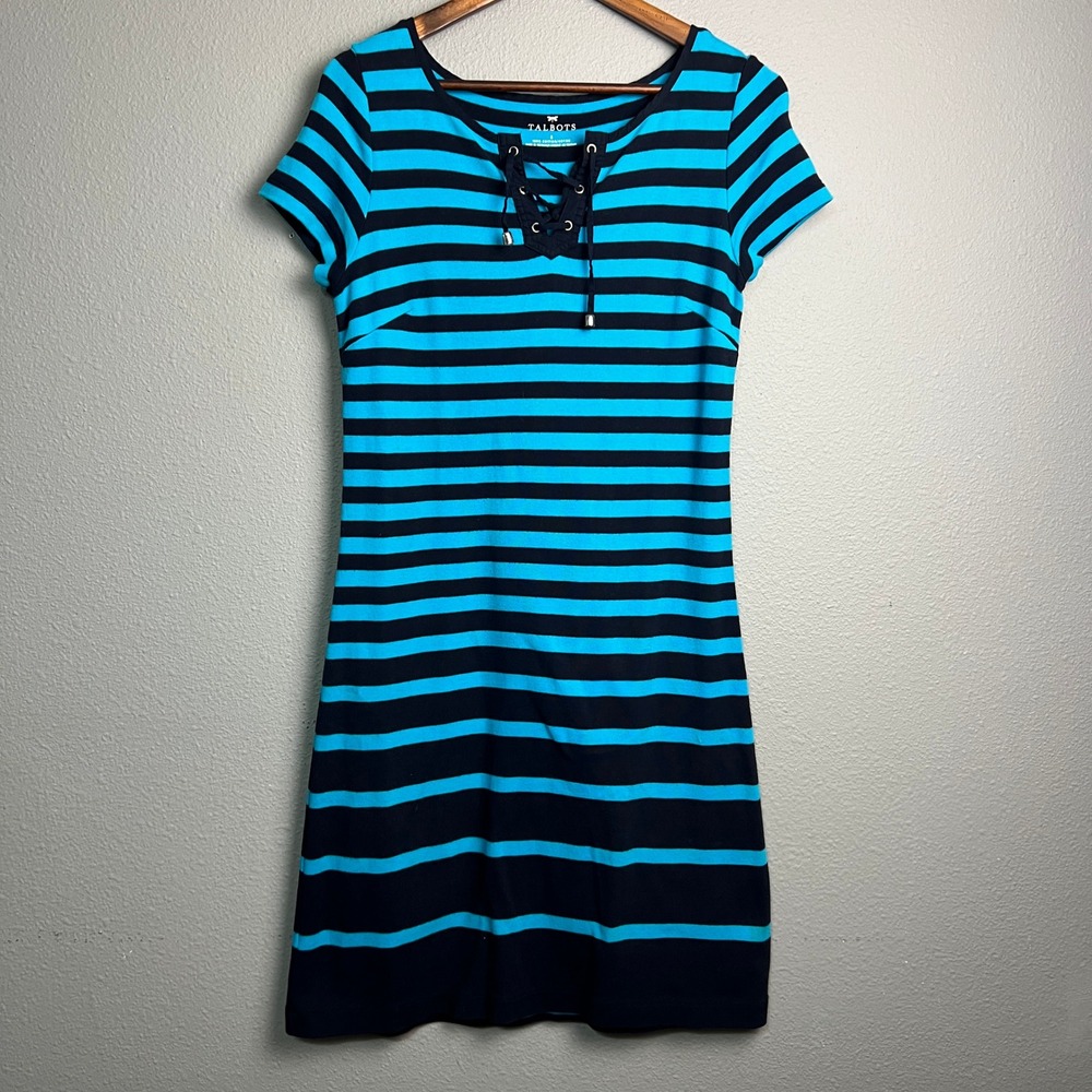 Talbots Women's Blue Black Striped Lace Up Neck Short Sleeve Casual Dress Sailor